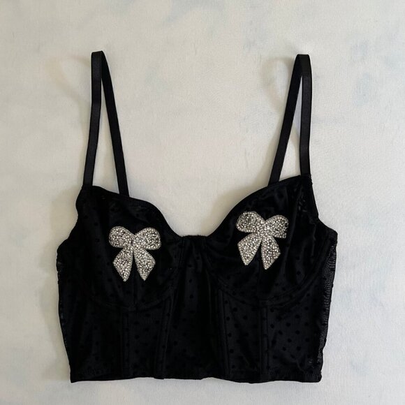 Black Sparkle Bow Polka Dot Mesh Coquette Bralette Top - Picture 1 of 4